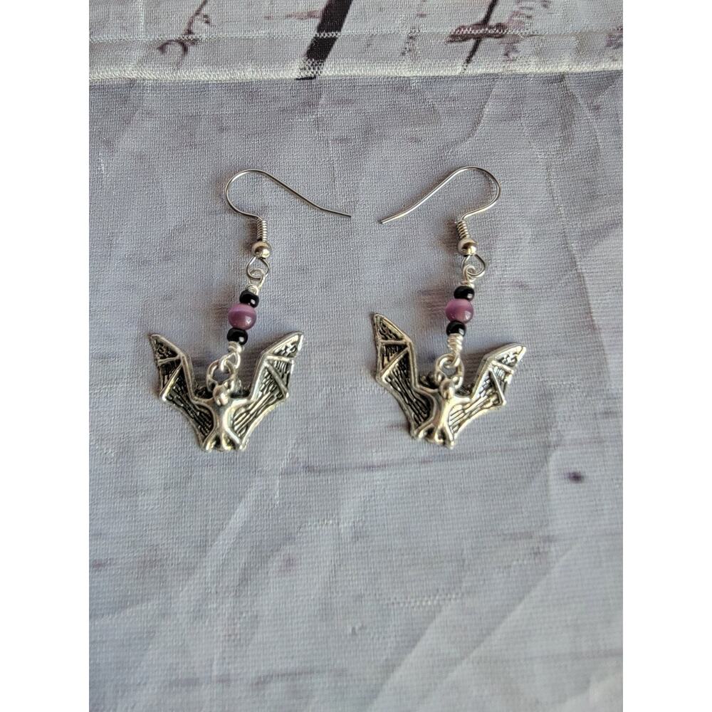 3D Halloween Bat Silver Tone Dangle Earrings Purple Beads Gothic Style